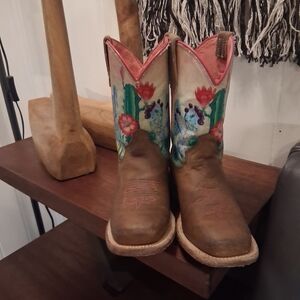 Roper Kids Boots with Brown and Pink Floral Accents